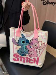 Disney قطعة واحدة (مرخصة من ديزني) حقيبة قماشية بيج بتصميم كارتوني بسيط وأنيق تضم شخصيات ستيتش وميكي ماوس وأميرات ديزني وبلوتو، حقيبة يد محمولة للبنات