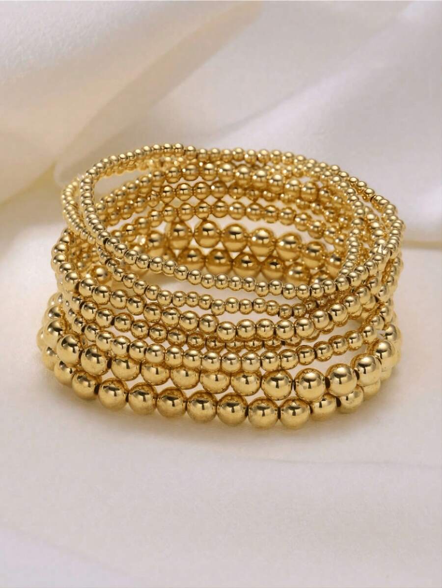 1 Set Of 7pcs 24K Gold Plated Vintage Minimalist Elegant Pearl Beaded Bracelet, Suitable For Women's Daily Commute, Dating, Party, Vacation