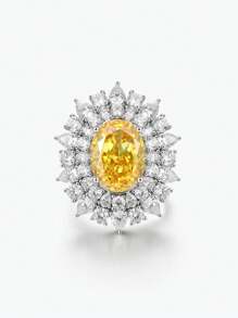 Dissoo 1pc Exclusive Design Egg-Shaped Yellow Snowflake Zirconia Encrusted 925 Sterling Silver Women's Jewelry Quality Fully Encrusted Ring, Rhodium Plated Engagement Ring With 119pcs Precision Cut Gemstone Inlay, Comes In Brand Exclusive Gift Box, Suitable For Gifting, Engagement, Daily Wear, Wedding, Party, Beach, Holidays, Music Festivals