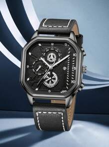 1 peça Relógio de Homem com Pulseira de Couro PU Preto, Fashionable Business Classic Mostrador Retangular Digital de Escala Quartzo, Adequado para Combinação de Roupa Diária, Presente de Férias Perfeito