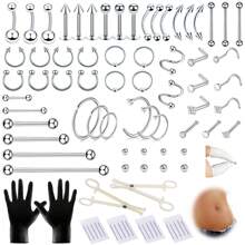 84PCS Body Septum Piercing Kit 14G 16G Tools For Nose Tongue Lip Ear Eyebrow Belly Button Cartilage Tragus Industrial Barbell Helix Daith Piercing Jewelry Clamps
