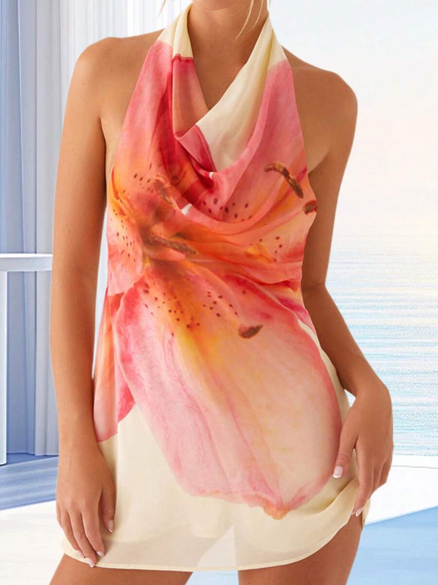 Women Floral Print Halter Mini Dress Backless V-Neck Cutout Sleeveless Boho Short Dess Summer Bodycon Dress Party A-Line Dress Going Out Sundress - 粉色 - 查看 1