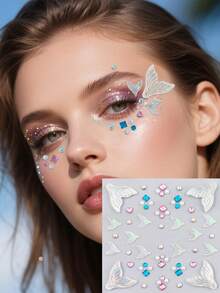 1 张美人鱼 2 张自粘式面部宝石贴纸，水晶水钻临时纹身贴纸，用于面部化妆、节日派对 DIY 配饰装饰 - 彩色 - 查看 2