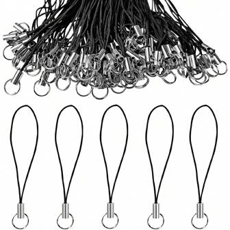 100 piezas de Cordón de teléfono negro con anillos divididos plateados | Versátiles para teléfonos celulares, USB, MP3, llaveros y proyectos DIY