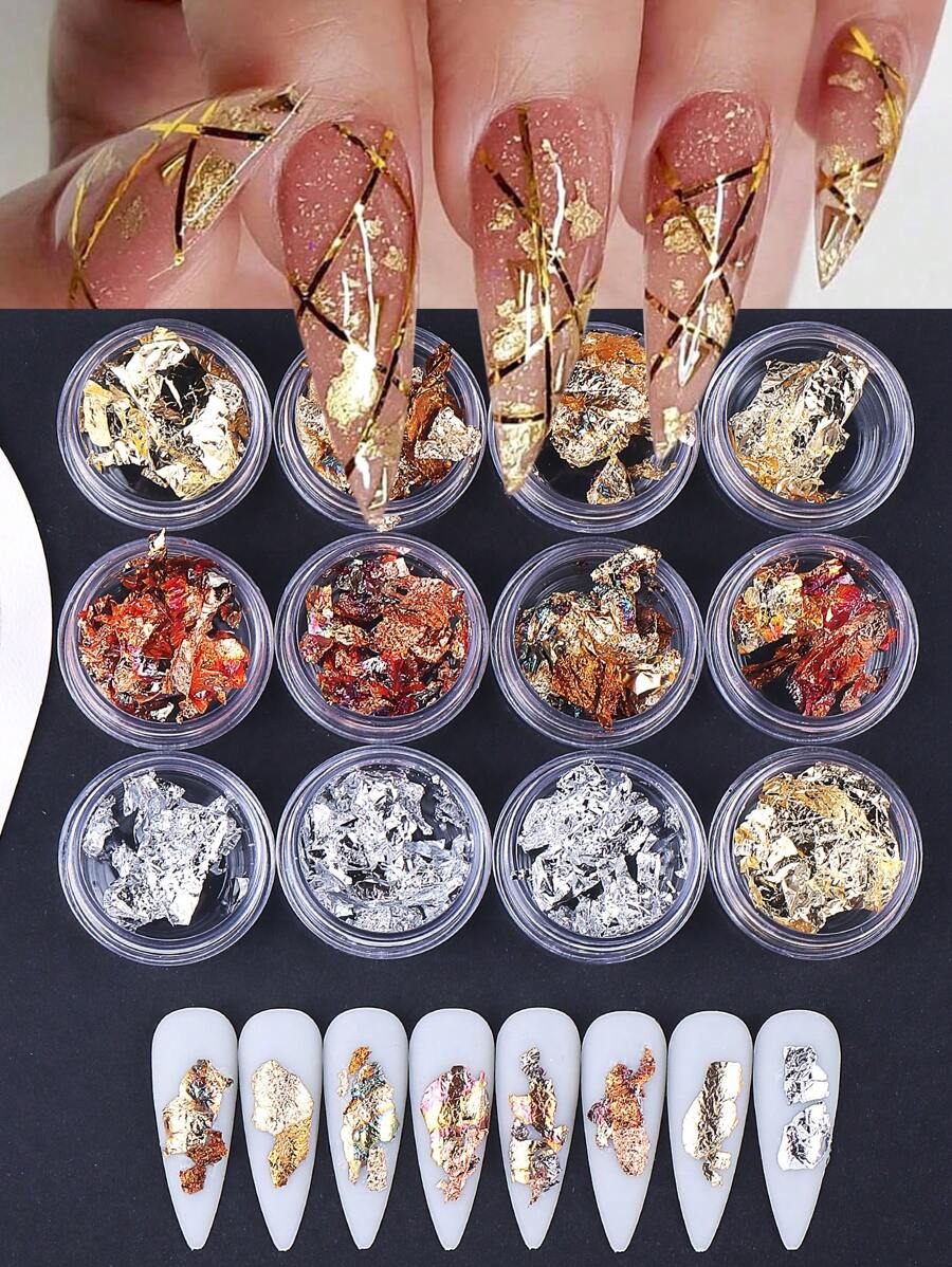 12色金属箔美甲装饰盒金银玫瑰金不对称薄片Y2K美甲设计DIY全息镜面沙龙美甲配件美甲用品 - 彩色 - 查看 1