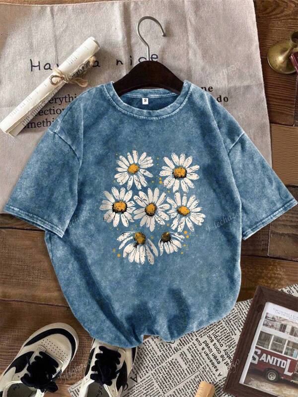 Women's Leisure Daisy Print Round Neck Short Sleeve Casual T-Shirt