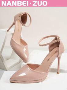 NANBEI ZUO NANBEI ZUO Women's Plus Size Glossy Pointed Toe Ankle Strap Thin High Heel Shoes, Black/White/Apricot, Fashionable Minimalist High-End Elegant Versatile Street Style Elegant European And American Vibe High Heels For Work, Interview, Formal, Party, Wedding, Birthday Gift, Date, Vacation, Comfortable And Breathable