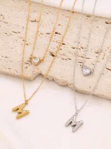 1pc Stainless Steel A-Z Initial Letter Pendant Necklace For Women Fashion Heart Zirconia Charms Double Layers Chain Necklaces Jewelry