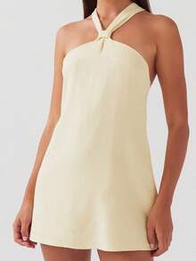Women Twist Knot Mini Dress Halter Neck Cross Tie Back Club Party Short Dress Summer Sleeveless Casual Vacation Sundress - Màu vàng - Xem 5