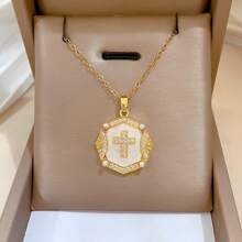 1pc Luxurious Pearl Stainless Steel Cross Titanium Chain Pendant Necklace, Arabic Style Cross Necklaces For Women, Suitable For Daily Wear Or Gift