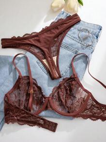 1pc Women's Solid Color Lace Wireless Comfy Bra Set