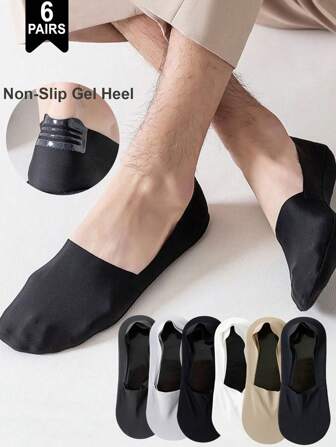1/3/6 Pairs Men's Solid Bottom Breathable Solf Nylon Upper Low Cut Invisilbe No Show Socks With Non-Slip Gel At Heel, Suitable For Sports Or Daily Use