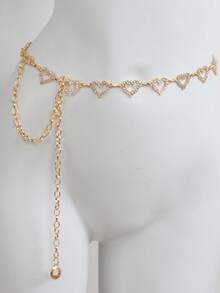 1pc Fashionable Rhinestone Heart Woven Metal Waist Chain Belt, Suitable For Women In Summer Fall, Autumn, Halloween - Gold - View 9