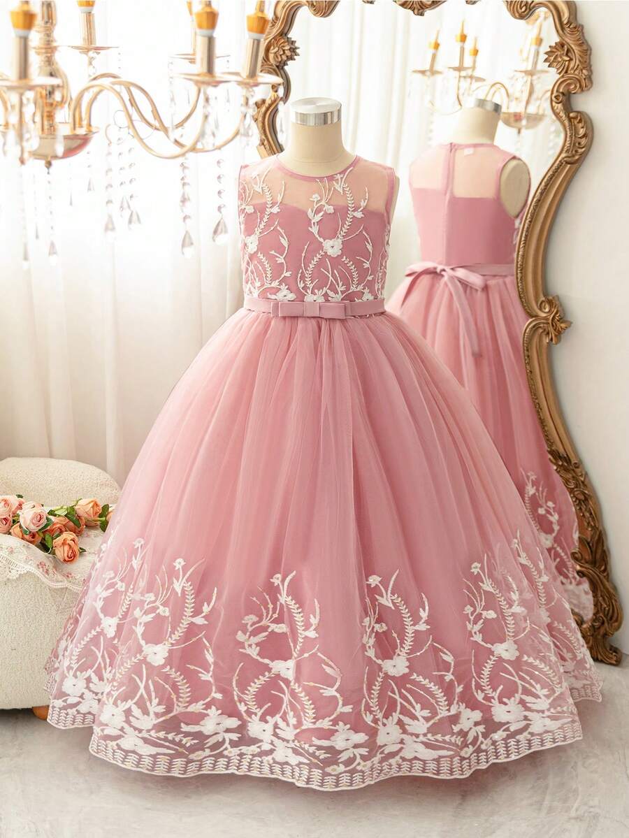 Girls Mesh Sleeveless Fashionable Summer Dresses Are Suitable For Flower Girl Weddings, Birthday Parties, Stage Performances, Hosts And Other Important Occasions, And Are Also Suitable For Various Important Festivals - Dusty Pink - View 1