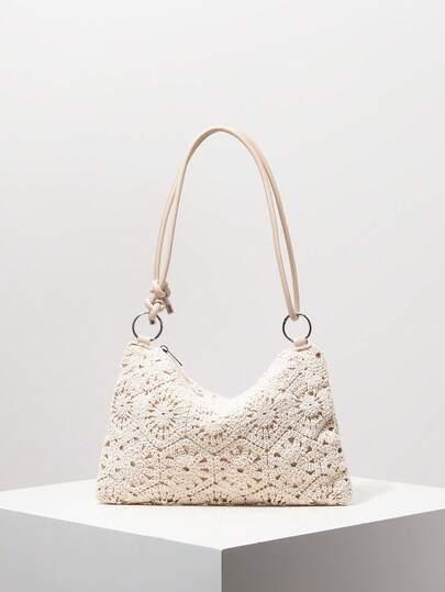 Floral Hollow Crochet Woven Shoulder Bag, Bohemia Beach Bag Summer, Premium Style Tote Bags For Ladies, Vacation Outfits Women, Travel Must Haves, Bag For Women Elegant (Pattern Random)