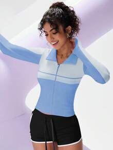 PinkTip 2025 Summer Seamless Yoga Sculpting Short Sleeve Jacket Tummy Control & Breathable Workout - Blue - View 3