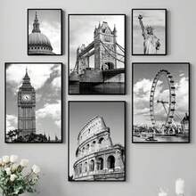 1pc Đen Trắng Cầu Tháp London Rome New York Áp Phích In Tranh Canvas Nghệ Thuật Treo Tường Hình Ảnh Cho Phòng Khách Trang Trí Nhà Khung Tùy Chọn - Nhiều màu - Xem 1