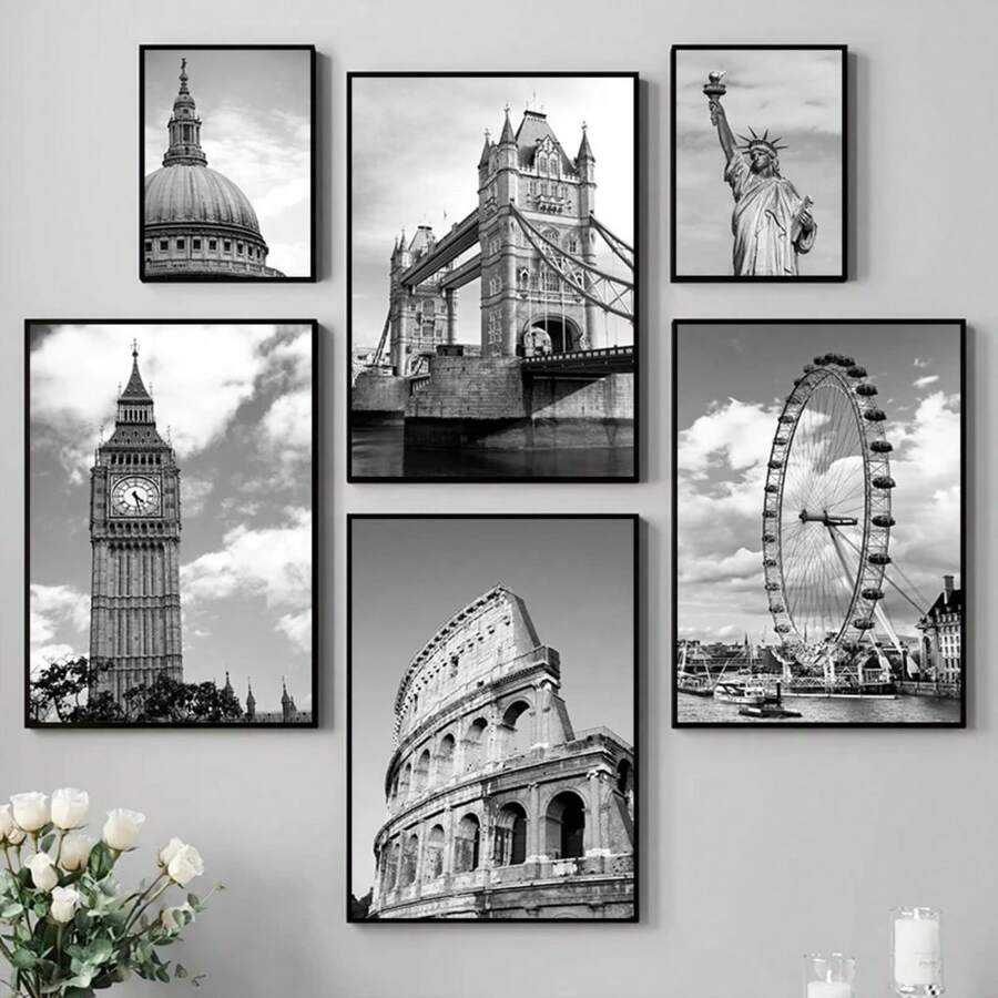 1pc Đen Trắng Cầu Tháp London Rome New York Áp Phích In Tranh Canvas Nghệ Thuật Treo Tường Hình Ảnh Cho Phòng Khách Trang Trí Nhà Khung Tùy Chọn - Nhiều màu - Xem 1