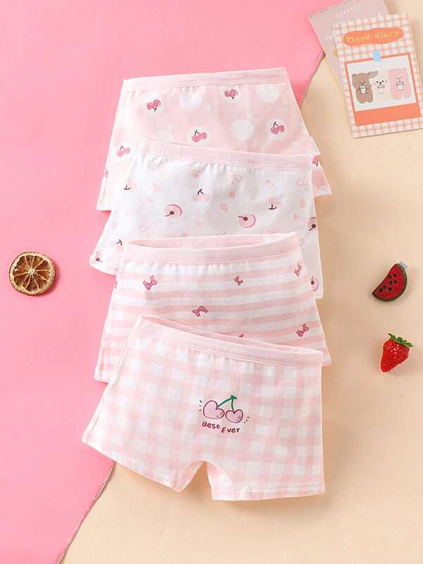 4 pièces Culottes mignonnes de fille à imprimé de nœud et de cerise, pour toutes les saisons