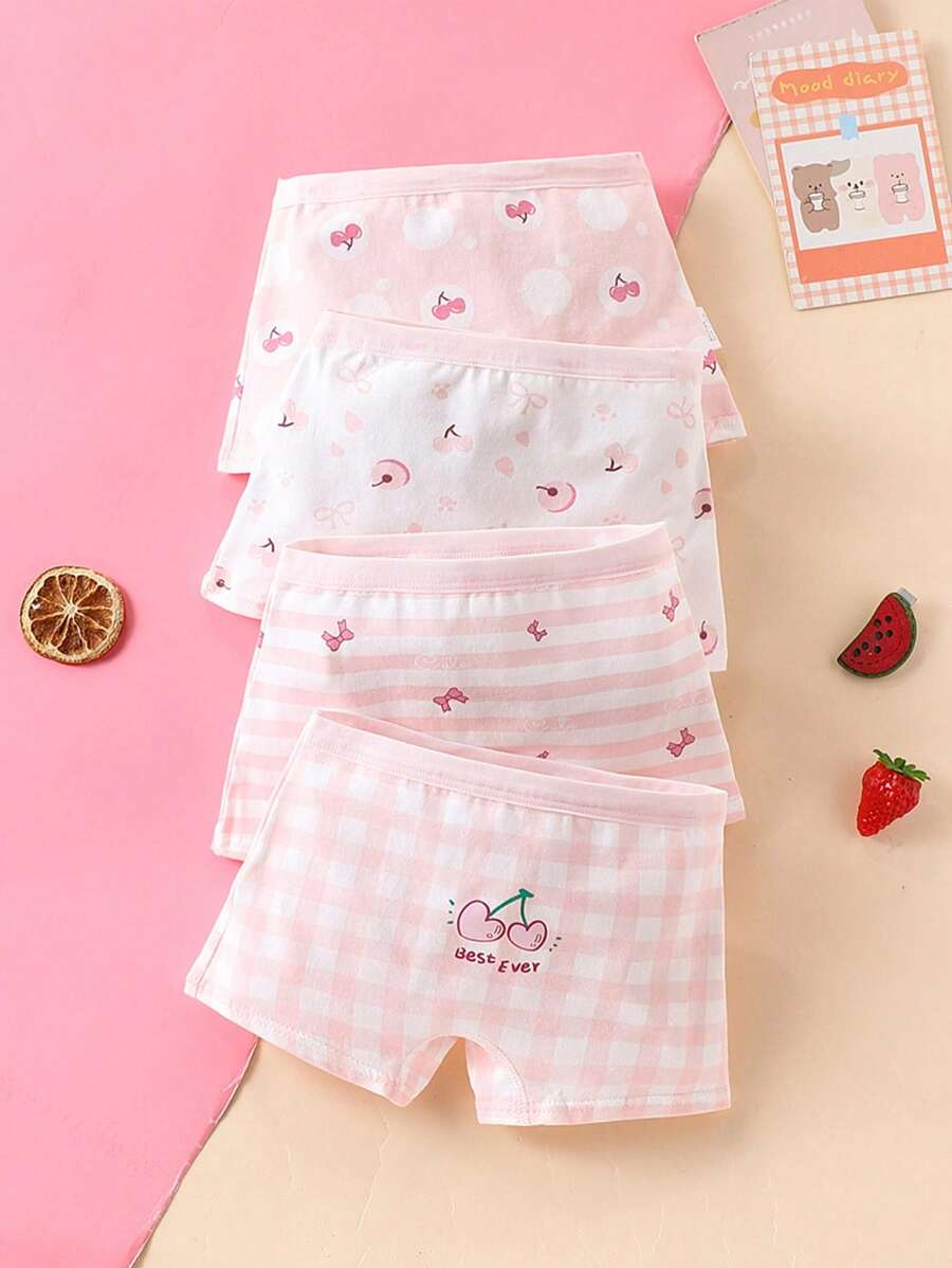 4pcs Girls Cute Cherry Bow Cartoon Print Briefs, All Season