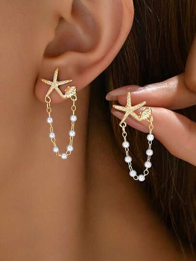 1 Pair Delicate Women Earrings With Random Pearl, Shell & Star Design,Unique Earrings Suitable For Party, Gifts, Everyday Wear