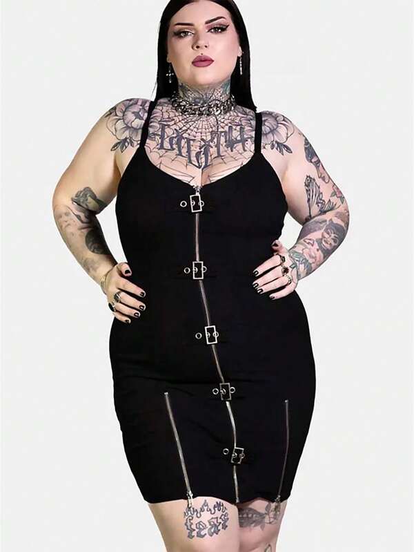 Robe gothique punk grande taille avec fermeture éclair en métal - Robe corset à bretelles ajustables pour Halloween | Streetwear pour courbes, esthétique sorcière vampire (1X-5X)