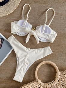 Swmmer Liket Sexy Metallic Jewelry Solid Color Bikini Women Swimwear Set For Summer Beach Vacation - 白色 - 查看 2
