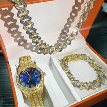 Set de joyería de 3 piezas estilo europeo y americano hip-hop con diamantes completos, reloj, collar y pulsera con rhinestones, correa de metal y calendario, regalo para estudiantes hombres y mujeres