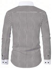 Men's Classic Striped Button Down Shirt, Roll-Up Sleeve Design, Lightweight Breathable Vertical Striped Shirt, Minimalist Fashionable Holiday Style, Fall