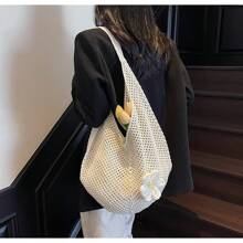 Hollow Knit Tote Bag, Large Capacity Women Handbag Beach Bag, Unlined, Polyester Fiber, Suitable For Summer Beach Leisure, Single Party Gift