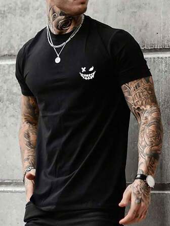 Men's Regular Fit Short Sleeve Smiling Face Print Round Neck T-Shirt, Fashionable Casual Sportswear Suitable For Running, Golf, Fishing, Basketball, Camping, Gym, Swimming And Beach, Great Gift For Husband Or Boyfriend