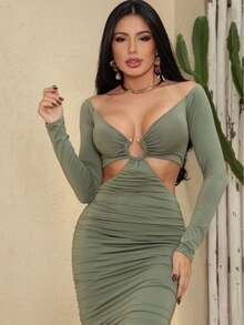 Olive Green Draped Cutout Dress With Long Sleeves – Sophisticated Sensuality And Perfect Fit Simple Elegant Casual Twisted Fabric Ring Crinkle Dresses Evening Daily Birthday Party Night Street Elegant And Casual Spring/Summer