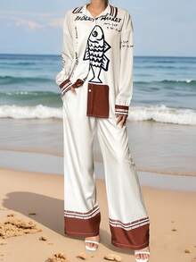 波西米亚风假日女式宽松时尚休闲春夏撞色英文字母和趣味鱼数码印花长袖衬衫和裤子两件套