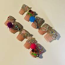 10pcs Y2K Nails Chic Short Duckbill Press On Nails Set - Handcrafted With Shiny Rhinestones, Crowns, Flowers, And Crystal Accents, Features Peach Pink And White French Tip Style, Perfect For Parties & Casual Attire, Suitable For Wedding Parties And Daily Wear, Includes Tool Kit For Easy Application. - 混合色 - 查看 3