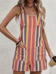 彩虹条纹口袋纽扣扭纹前连体衣 - 彩色 - 查看 1