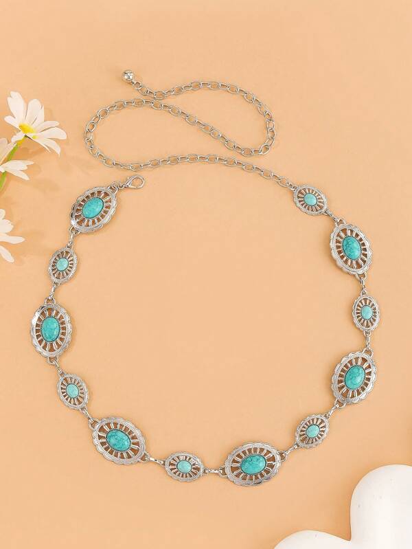 Vintage Oval Floral Pattern Faux Silver Waist Chain, Versatile Punched Metal Waist Belt For Women, Decoration For Dresses And Pants