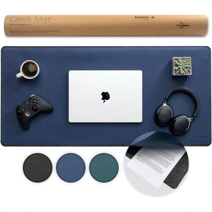 Felt And Leather Desk Mat Non-Slip - Blue - 35 X 17 Inch - Felt And Vegan Leather Desk Pad - Document Organizers - Desk Blotter And Desktop Mat - Desk Protector Laptop Desk Matt For Desktop - Dual Midnight Blue - View 1