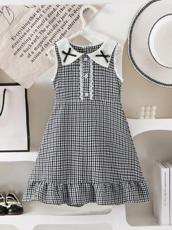 Young Girl Plaid Sleeveless Casual Dress With Bow Decor