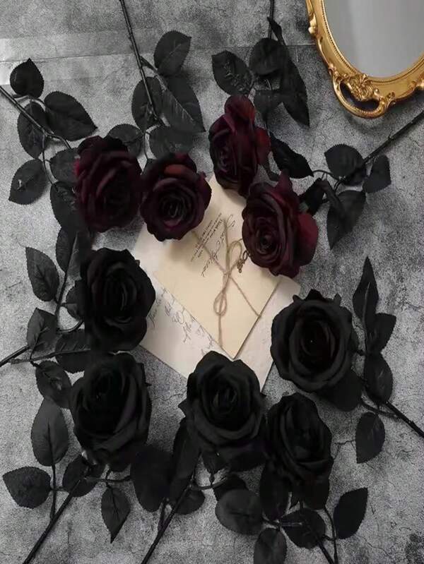 20PCS Long Stem Artificial Black Roses, Plastic Material Never Wither, Suitable For Valentine's Day, Family Wedding Party, Halloween Atmosphere Decoration, Outdoor Gothic Decoration. Home Decor Halloween Decor Room Decor
