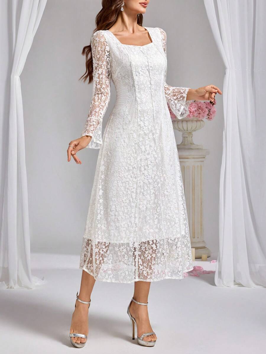 女式新款蕾丝长款喇叭袖奢华优雅连衣裙