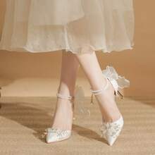 Nuove scarpe da sposa con tacco alto bianco da donna, stiletto, perle, fiocco, damigella d'onore, versatili, alla moda.