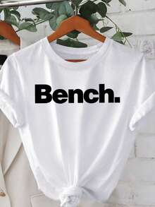 2025 Spring & Summer Casual Modern Bench Women Tee - White With Bold Black "Bench" Graphic, Comfortable Casual Round Neck T-Shirt For Women, Suitable For Spring, Summer, And Autumn, Outdoor Leisure Wear - White - View 1