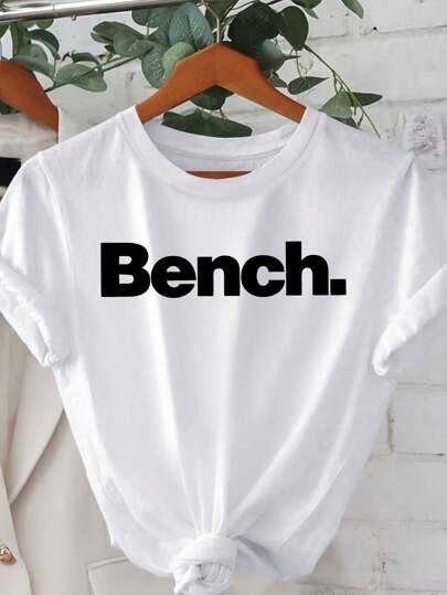 2025 Spring & Summer Casual Modern Bench Women Tee - White With Bold Black "Bench" Graphic, Comfortable Casual Round Neck T-Shirt For Women, Suitable For Spring, Summer, And Autumn, Outdoor Leisure Wear