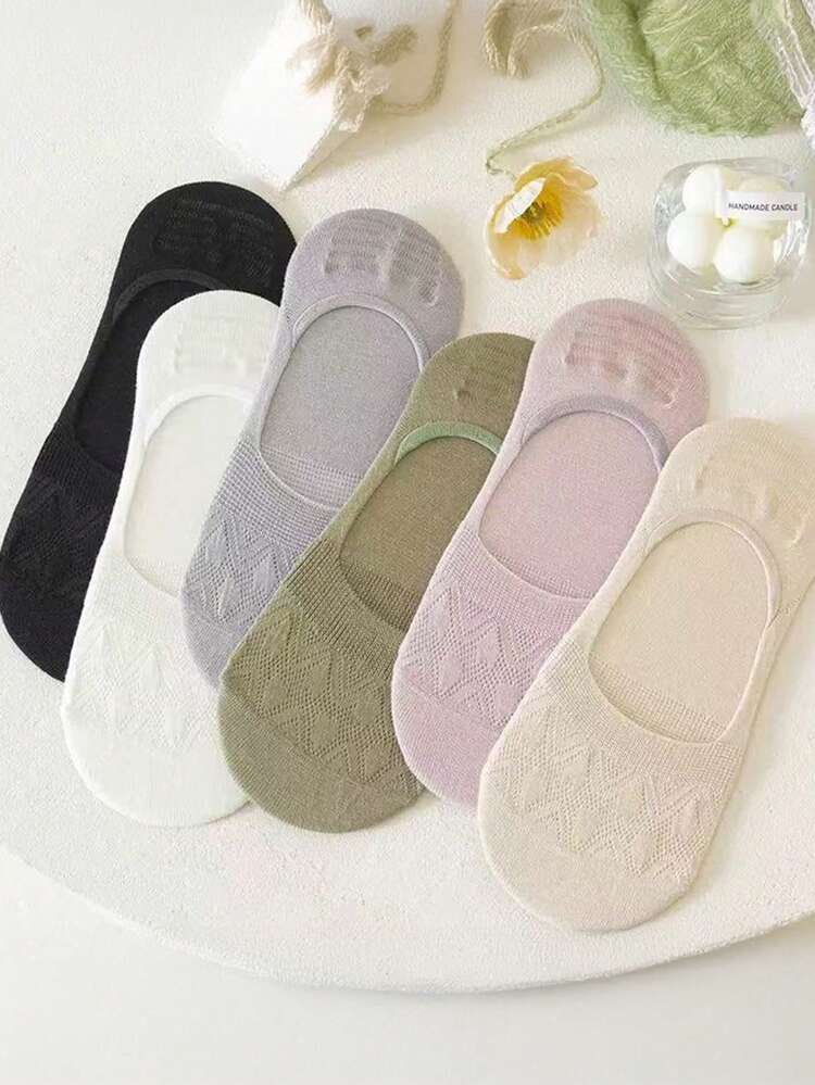 3/5/6双女款糖果色黑白纯色波西米亚风网眼防滑不掉跟透气针织面料日系学院风船袜隐形袜春夏百搭居家聚会通勤运动节日礼物。（无纸卡） - 彩色 - 查看 2