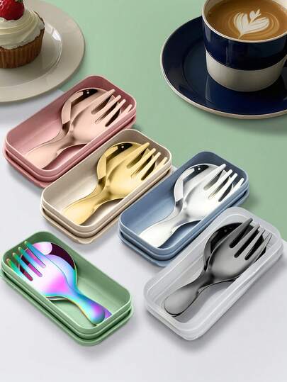 Set de 3 piezas de cubiertos de acero inoxidable portátiles, cubiertos plegables con caja de almacenamiento, que incluye tenedor, cuchara y caja de almacenamiento - Perfecto para oficina, cocina, escuela, picnic, camping y actividades al aire libre, regalo para el regreso a clases