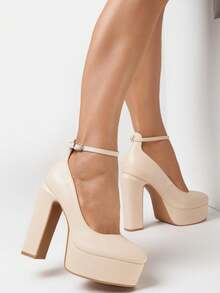 Runde Zehenkappe Schnalle einfarbige elegante Lässig Plateau- und Absatz-Pumps - Beige - Übersicht 1