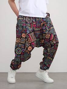 Men's Bohemian Print Loose Harem Pants, Casual Yoga Pants For Daily, Vacation, With Drawstring Waist, Random Print Design - Yellow - View 4