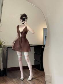 Women Elegant Solid Color Sleeveless Mini Dress With Deep V-Neck And Bowknot, Minimalist Design