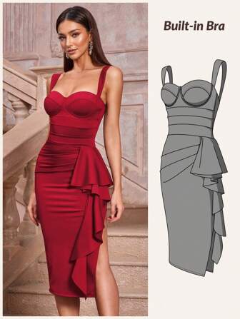 CurvySweet Classic Fashion Elegant Bustier Bodycon Midi Cascading Ruffle High Elastic Body Shaping Dress With Mold Cup,Business Social Dress,Wedding Guest Dress,For Date, Birthday,Dinner, Party,Festival,Daily Commute,Vacation,Christmas