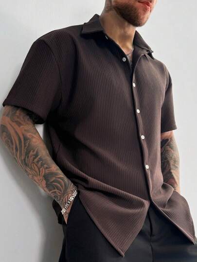 Old Money Style Men's Ribbed Knit Shirt Short Sleeve Lapel Shirt Solid Color Textured Brown Shirt For Summer Resort Vacation Casual Office Wear Gift For Dad